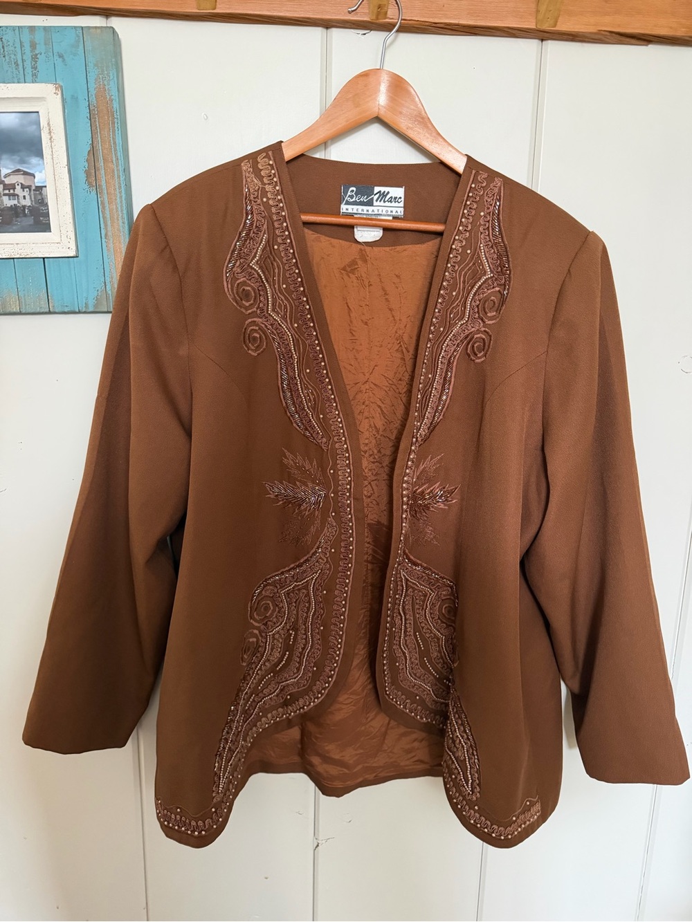 Brown Embroidered Open Front Jacket